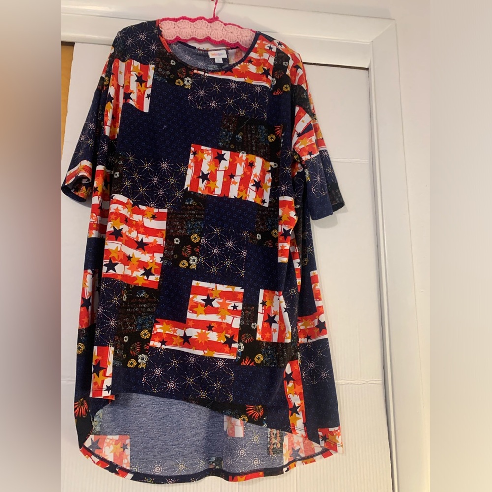 LuLaRoe Irma Top Shirt Size XL Blue, Red, White, Gold